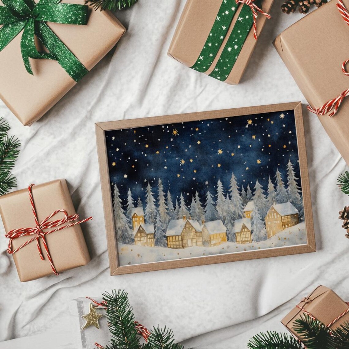 Snowy Christmas Village Night Watercolor Starry Sky Cozy Wall Art - Image 3