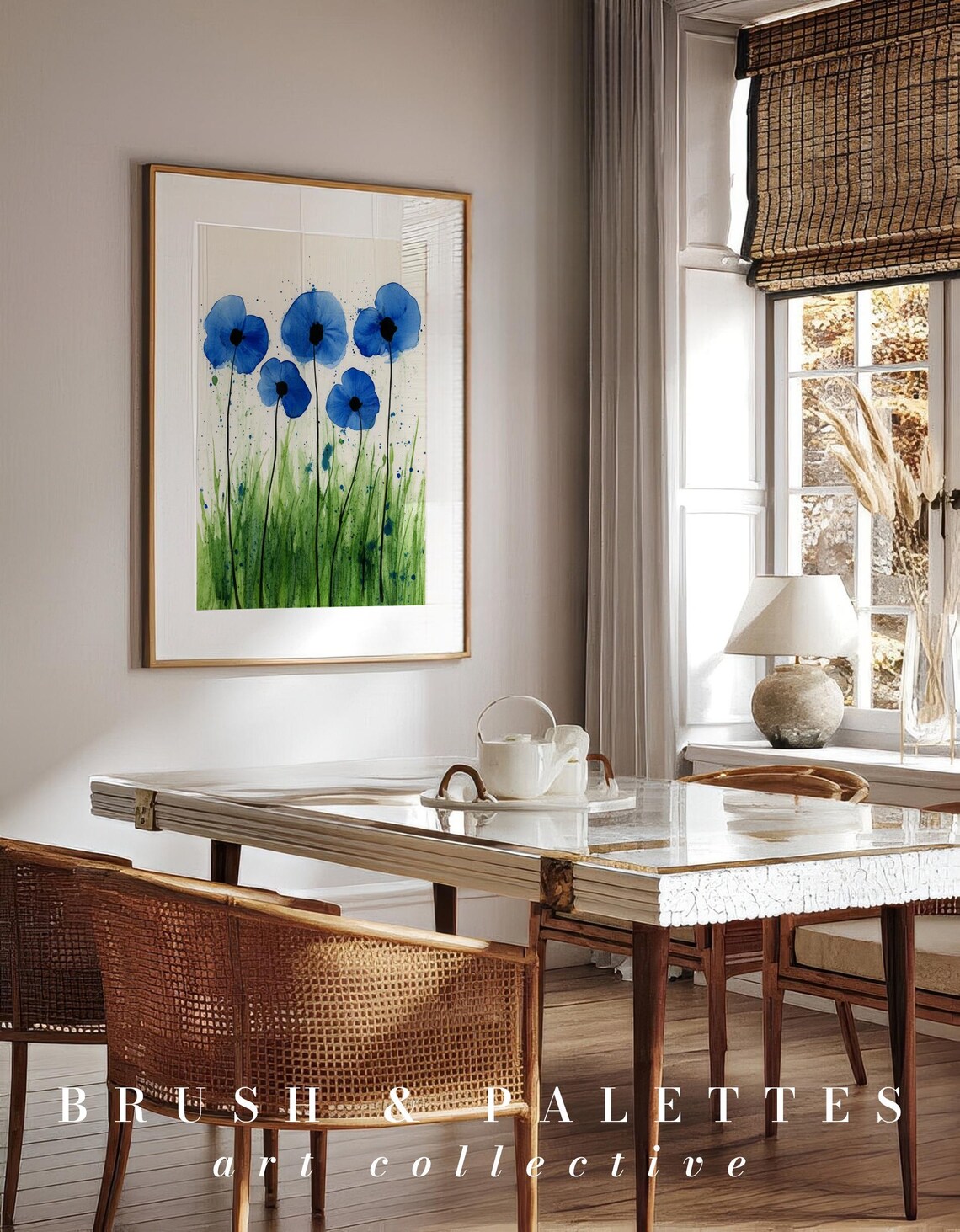 Blue Poppies Watercolor Meadow Green Grass Floral Art Poster - Image 3