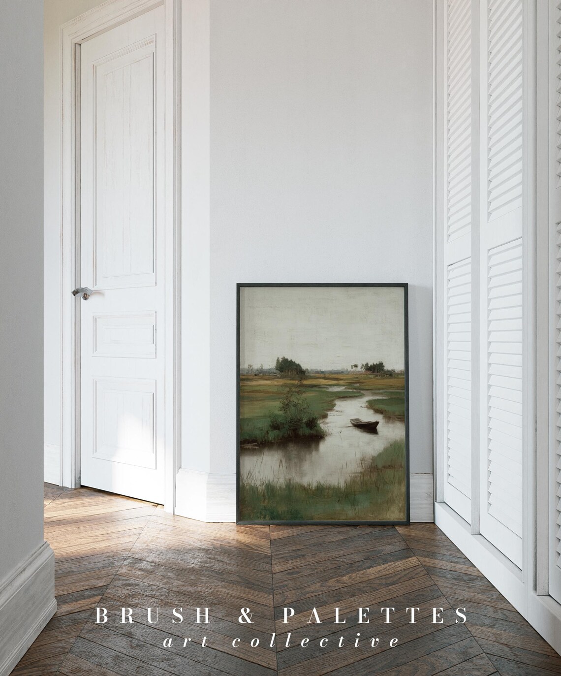 Dutch River Wetland Landscape Lone Boat Neutral Oil Painting Poster - Image 2