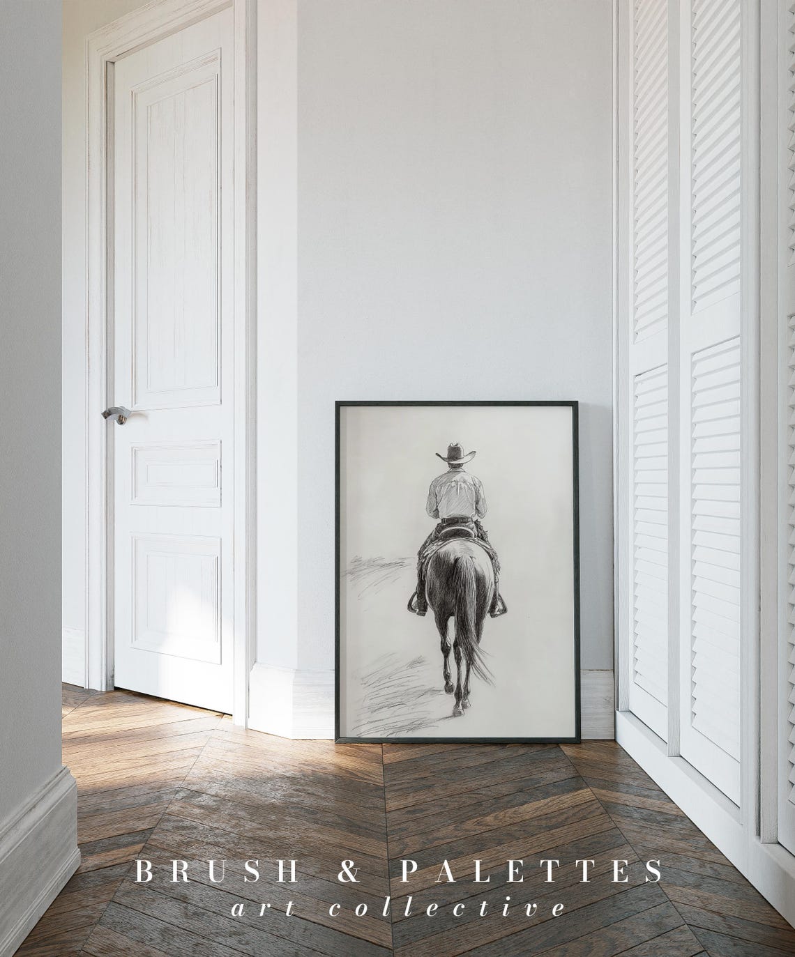 Cowboy Riding Horseback Sketch Style Western Pencil Drawing Poster - Image 2