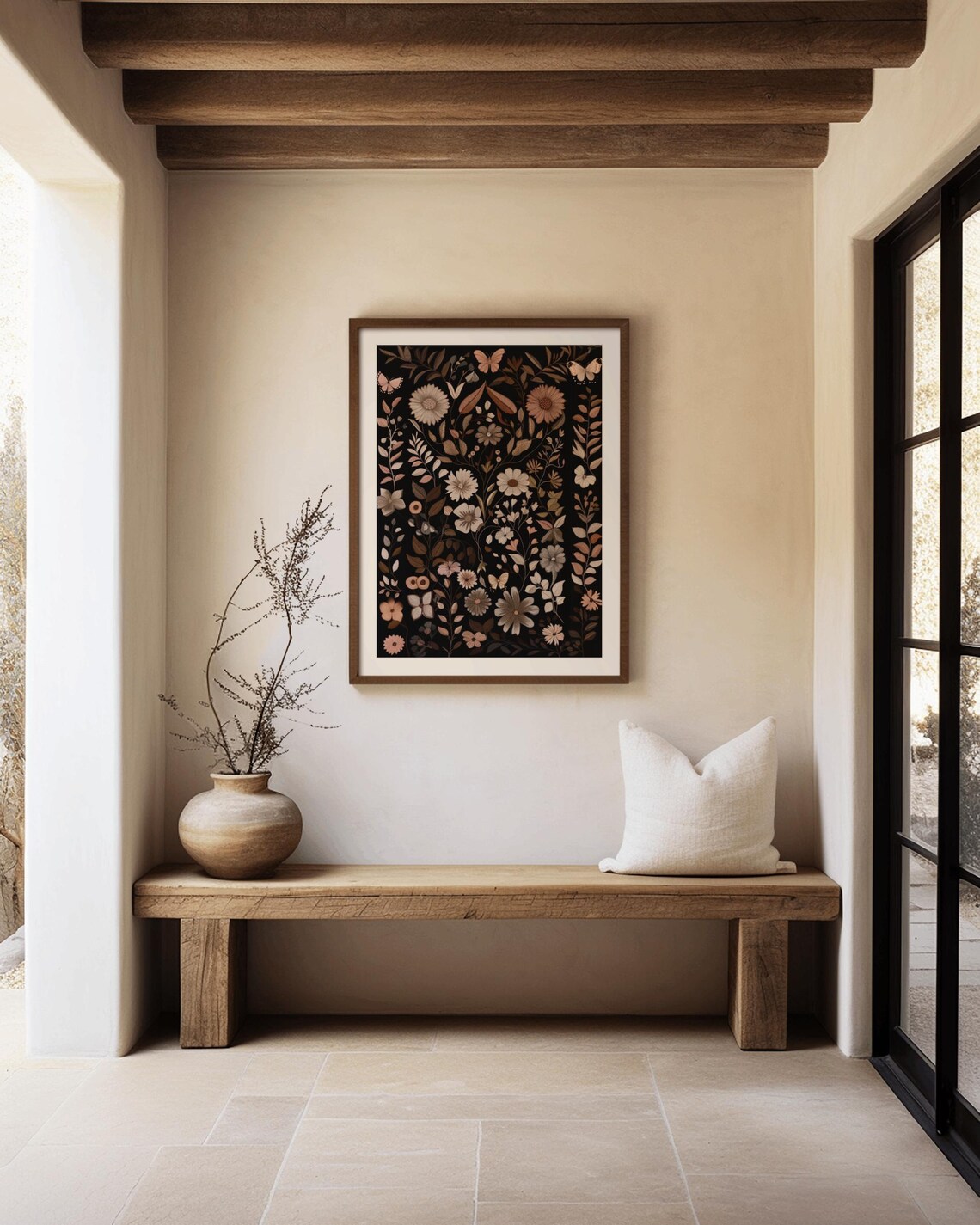 Vintage Floral Botanical Art With Butterflies Dark Black Poster - Image 2