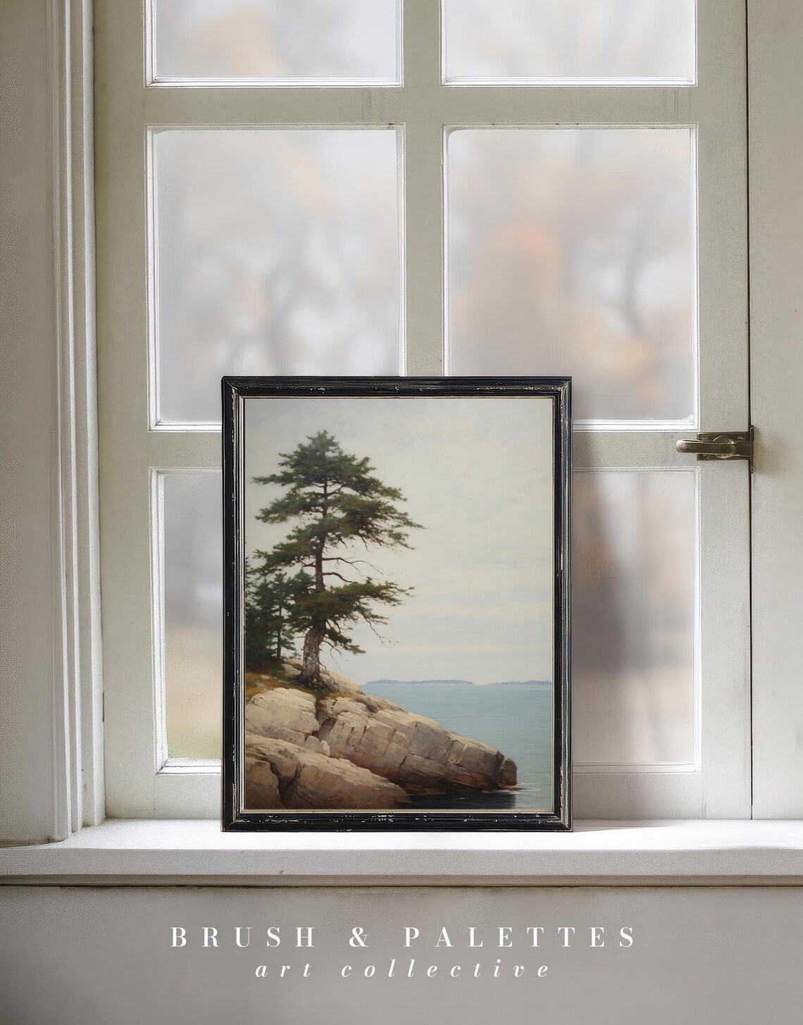 Tall Pine Tree On Rocky Ocean Coast Classic Landscape Painting Poster - Image 3