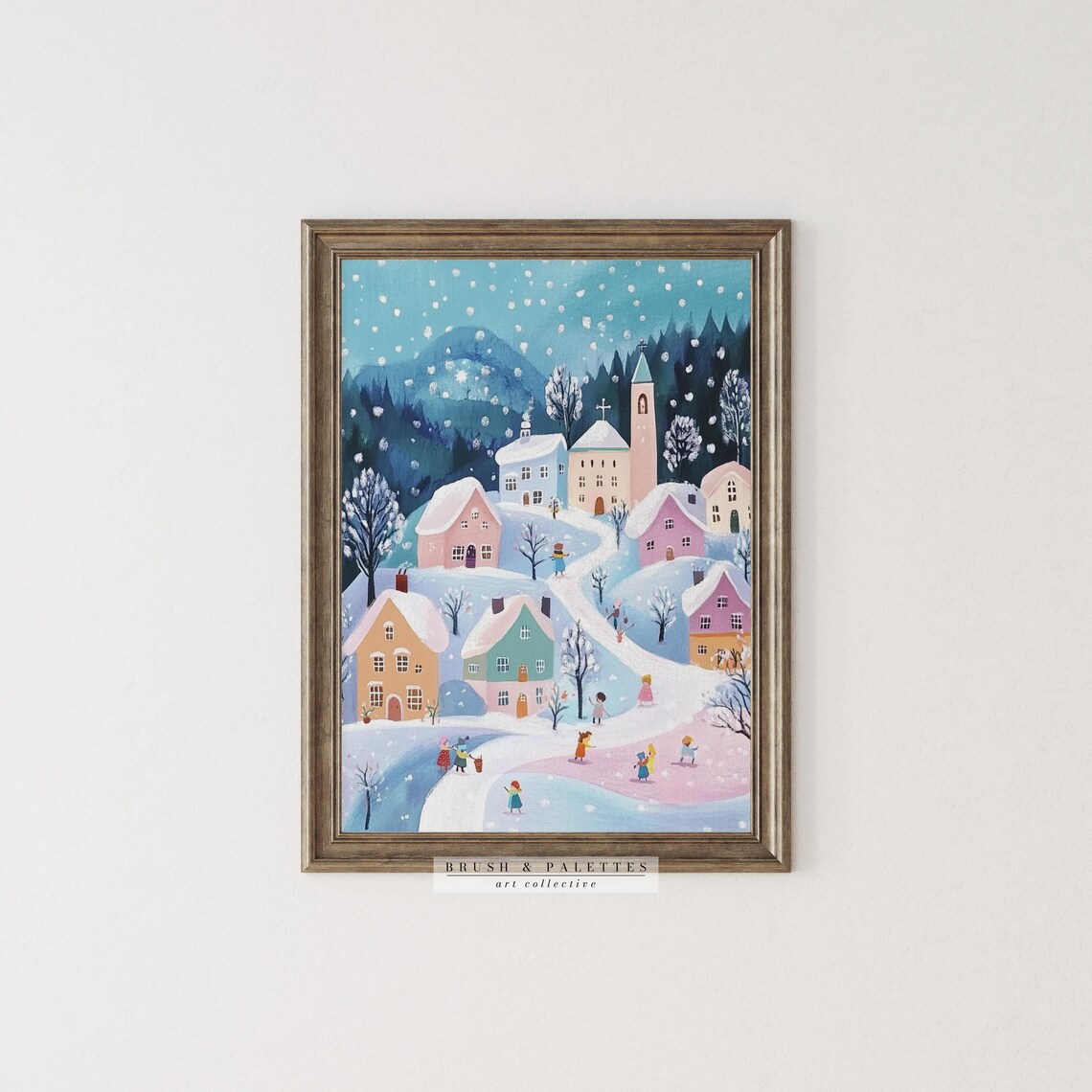 Whimsical Winter Village Snowy Church Charming Storybook Holiday Poster - Image 3