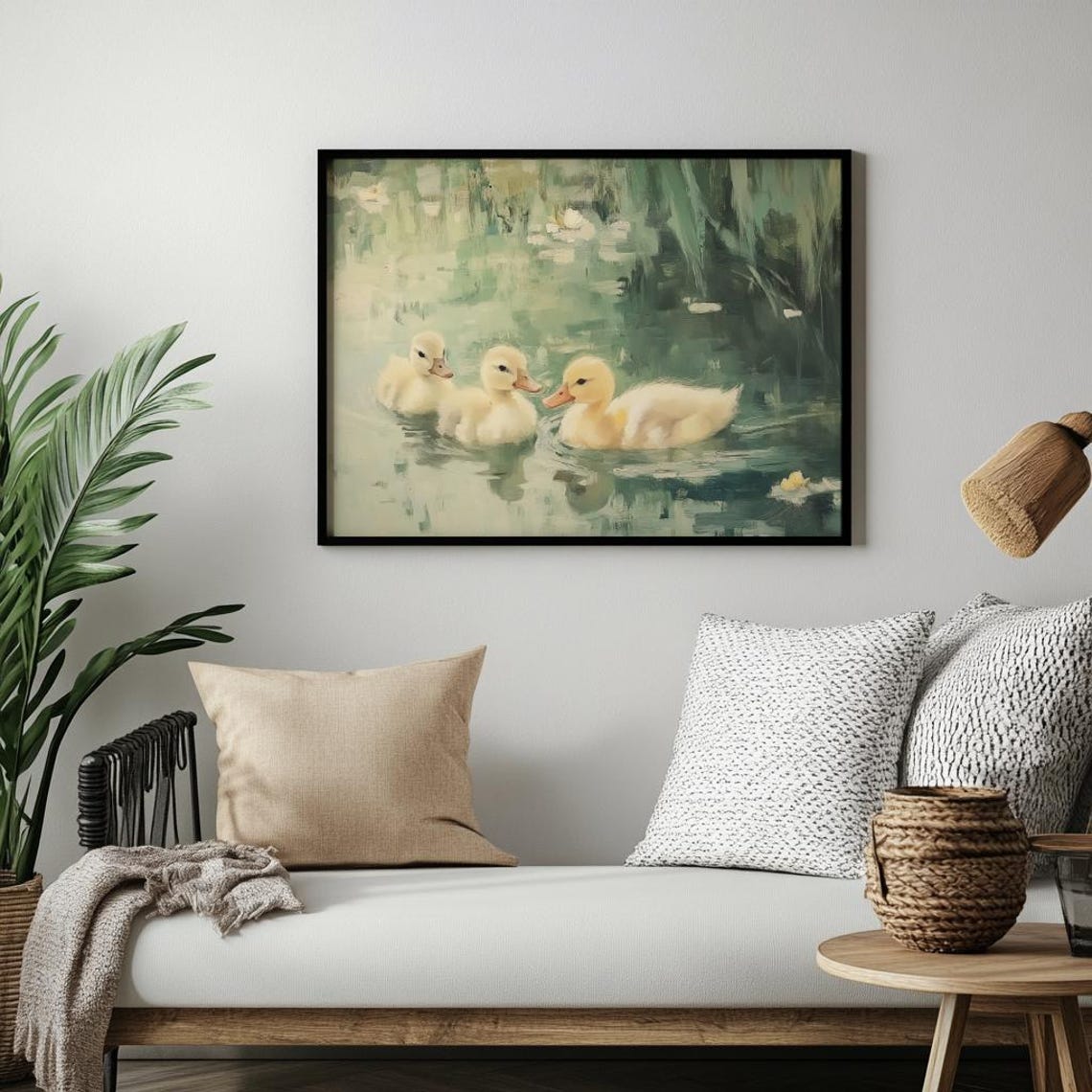 Three Yellow Ducklings Swimming Pond Impressionist Baby Ducks Poster - Image 2