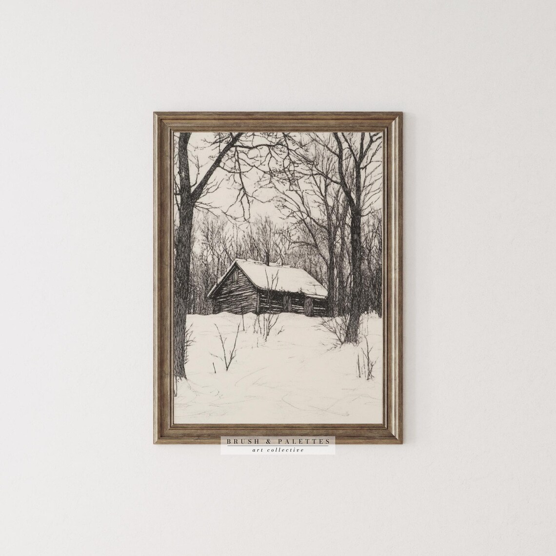 Rustic Winter Cabin Pencil Sketch Black White Snowy Forest Wall Art - Image 3