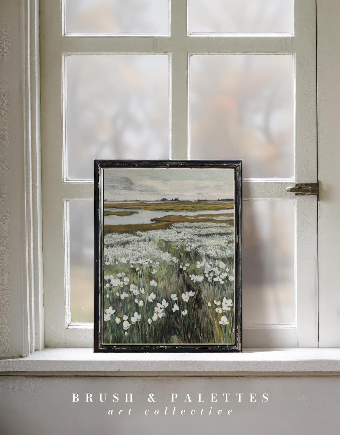 White Wildflower Field Marsh Inlet Soft Sky Landscape Poster - Image 3
