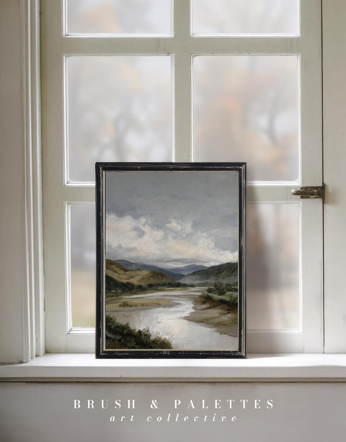 Moody Overcast River Valley Mountain Landscape Oil Painting Poster - Image 3