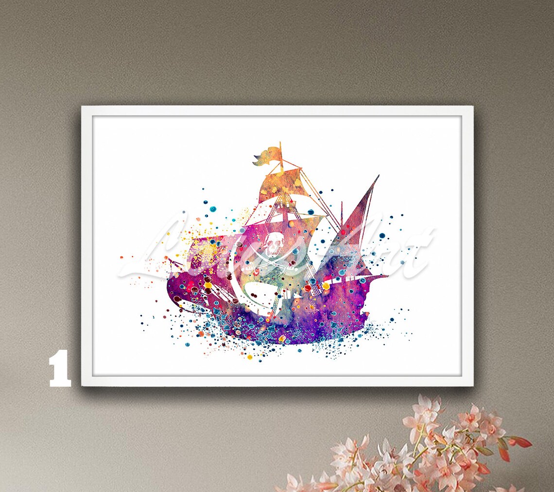 Pirate Ship Watercolor Skull Sail Kids Adventure Playroom Art Poster