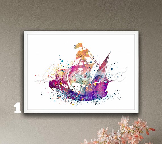 Pirate Ship Watercolor Skull Sail Kids Adventure Playroom Art Poster