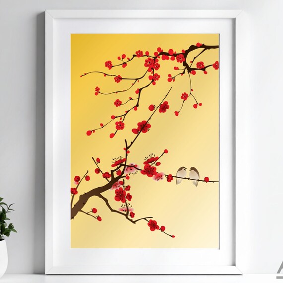 Red Blossom Branch Birds Japanese Style Floral Art Wall Poster