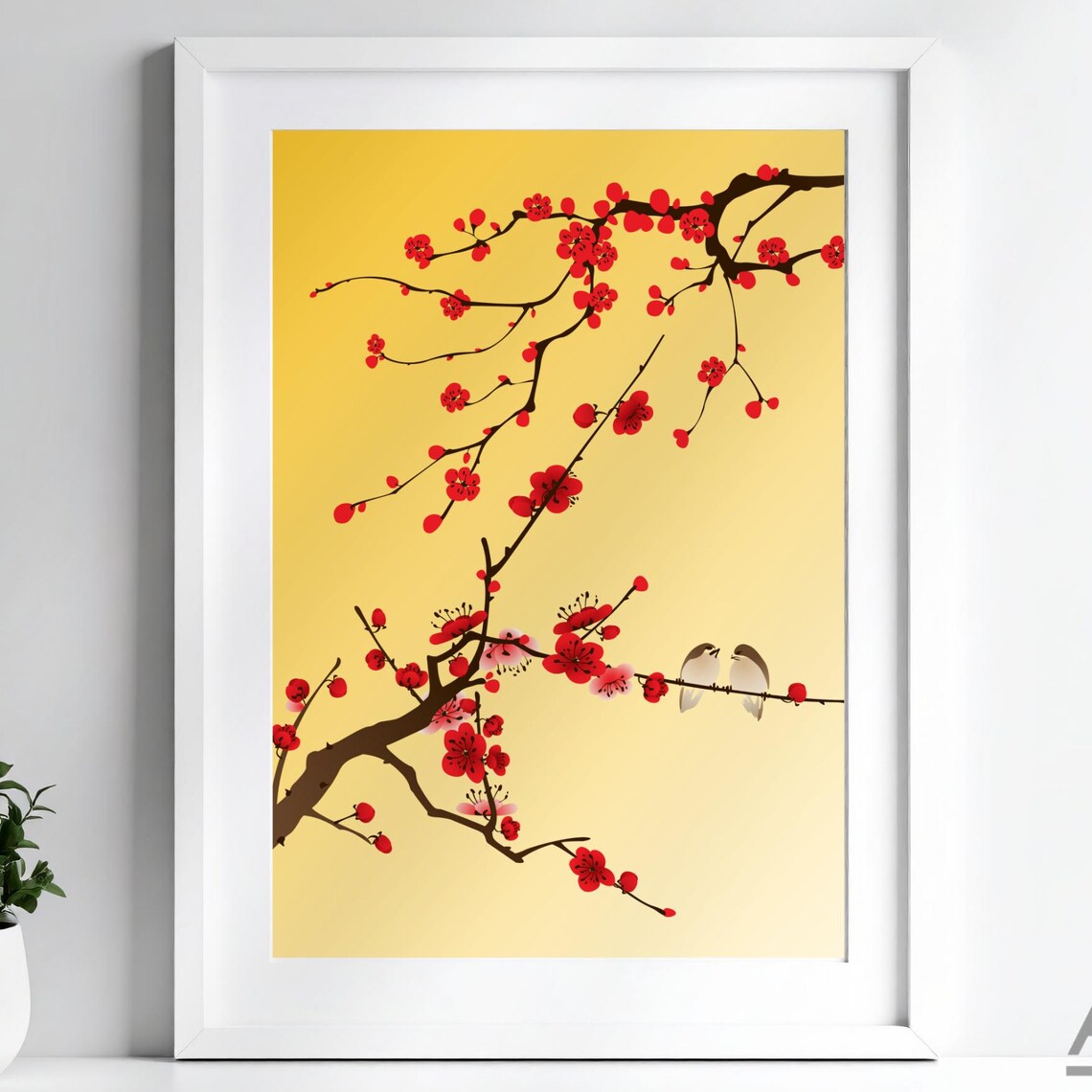 Red Blossom Branch Birds Japanese Style Floral Art Wall Poster