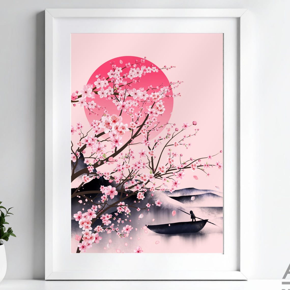 Pink Cherry Blossom Red Sun Japanese Sakura Floral Art Poster