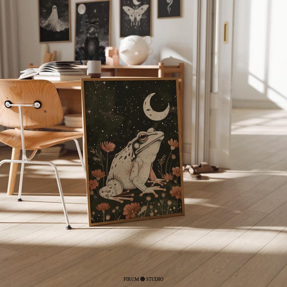 Moody Frog Wall Art Modern Witch College Dorm Room Decor Earth Tones Halloween Wall Art Toad Boho Art Poster 1447