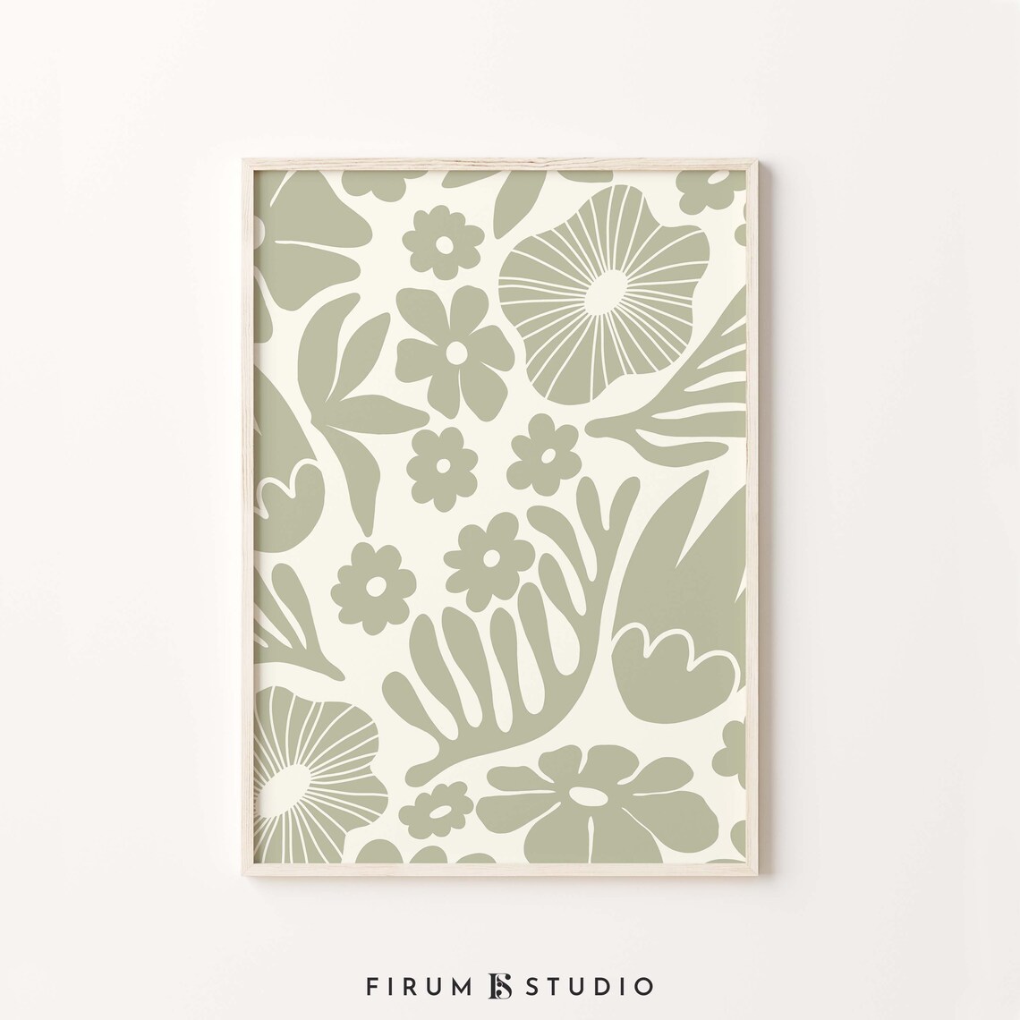 Sage Green Floral Botanical Pattern Cream Retro Flower Wall Poster