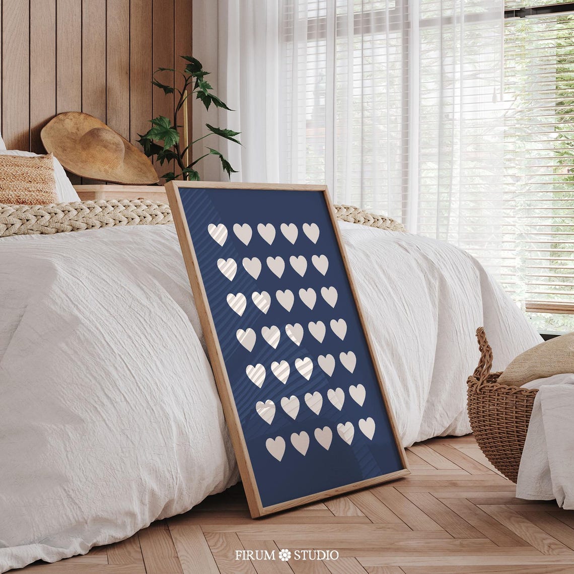 Indigo Blue Background with Beige Hearts Grid Cute Dorm Poster - Image 2