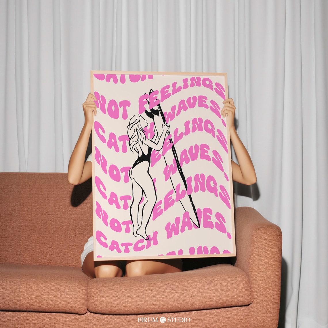 Catch Waves Not Feelings Pink Retro Surfer Girl Beach Vibe Poster