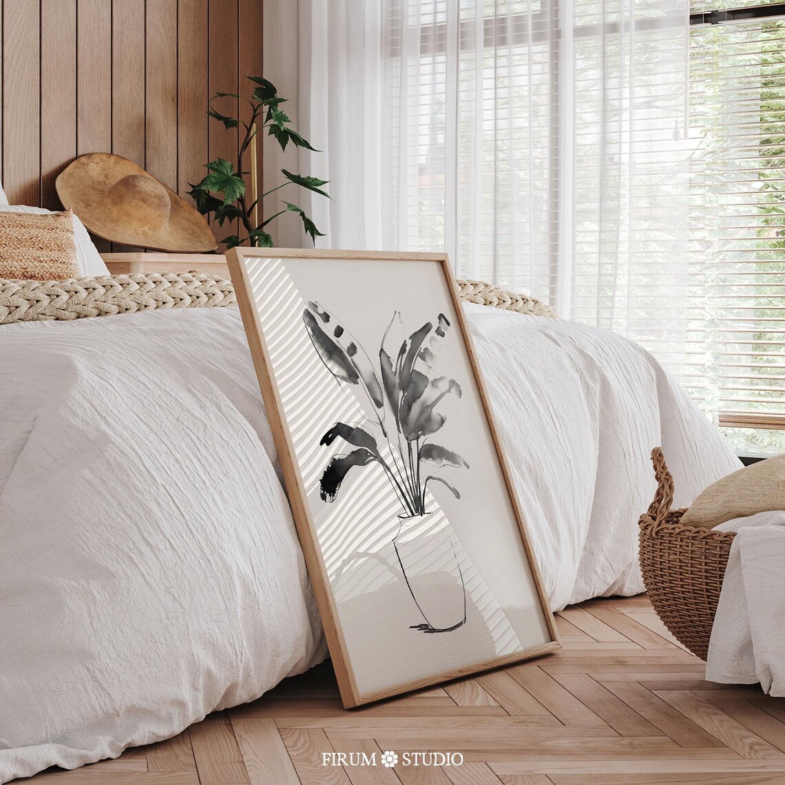 Ink Wash Tropical Plant Leaves Vase Sketch Neutral Beige Poster - Image 2