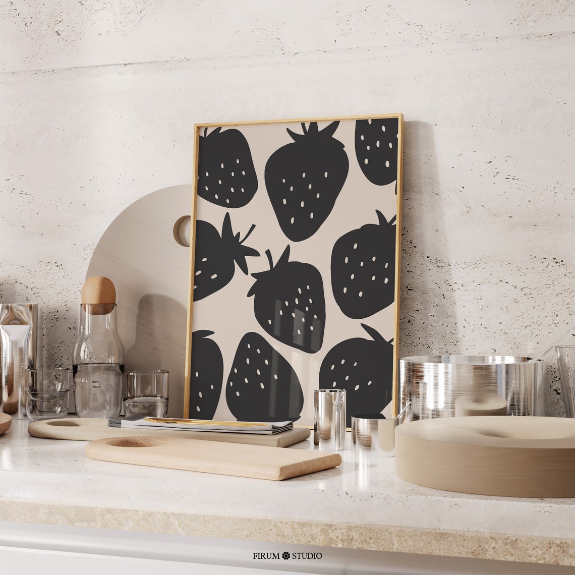 Black Strawberry Silhouette Poster on Beige Modern Kitchen Decor - Image 2