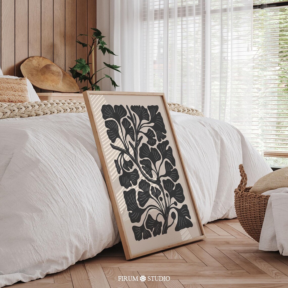 Black Ginkgo Leaves on Beige Modern Dark Botanical Art Print - Image 2