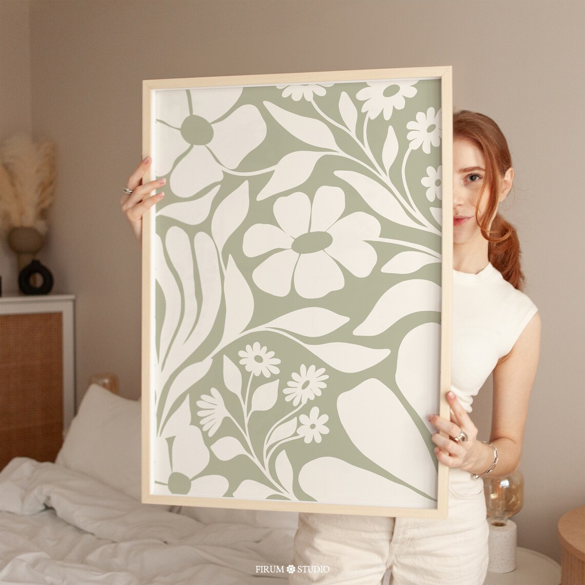 Abstract Botanical Sage Green Art Print, Boho Floral Decor