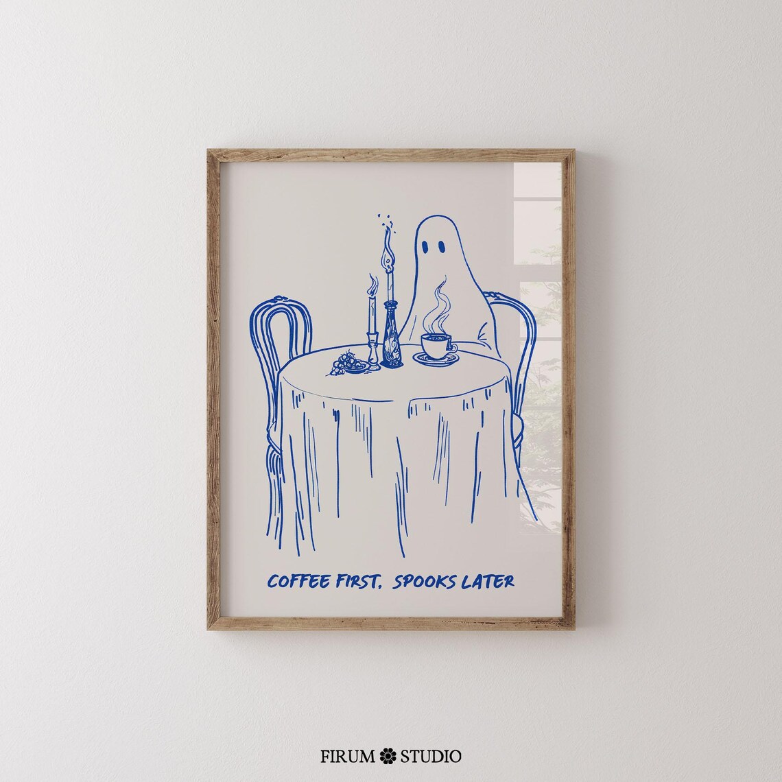 Coffee First Spooks Later Ghost Poster Halloween Blue Line Art Kitchen Decor - Image 2