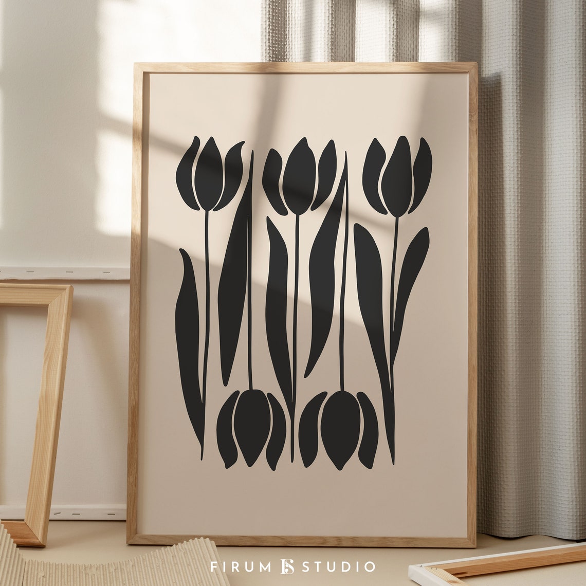Black and Beige Tulips Silhouette Minimalist Botanical Wall Art - Image 2