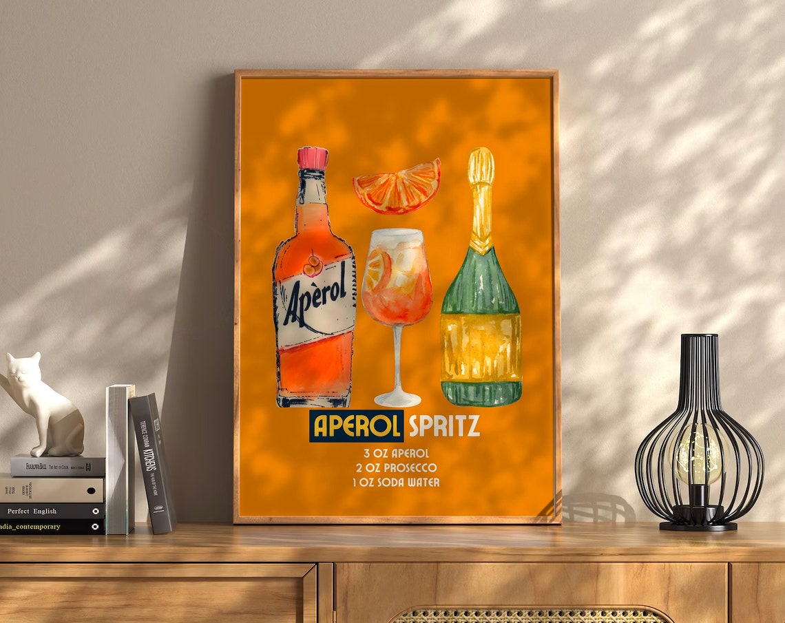 Aperol Spritz Recipe Bottle Glass Orange Retro Drink Bar Poster