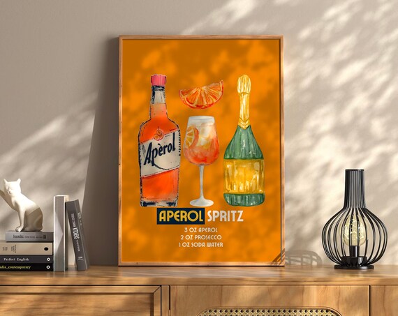 Aperol Spritz Recipe Bottle Glass Orange Retro Drink Bar Poster
