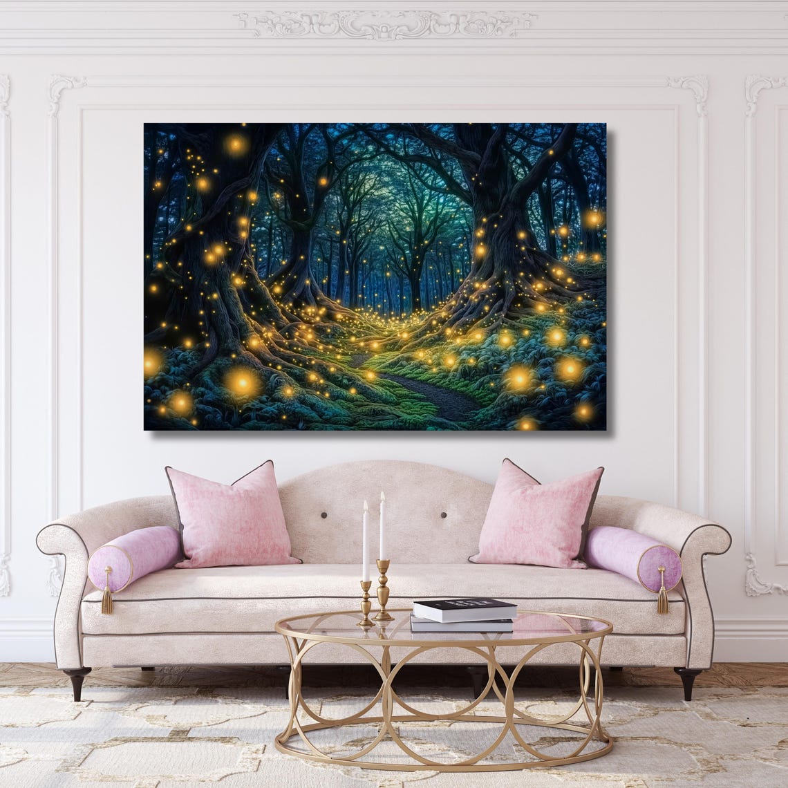 Enchanted Firefly Forest Path at Night Magical Woodland Wall Art - Image 4