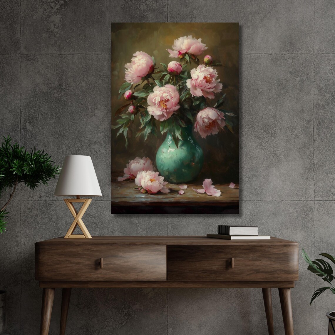 Pink Peonies in Teal Vase Moody Floral Still Life Oil Painting Poster - Image 3