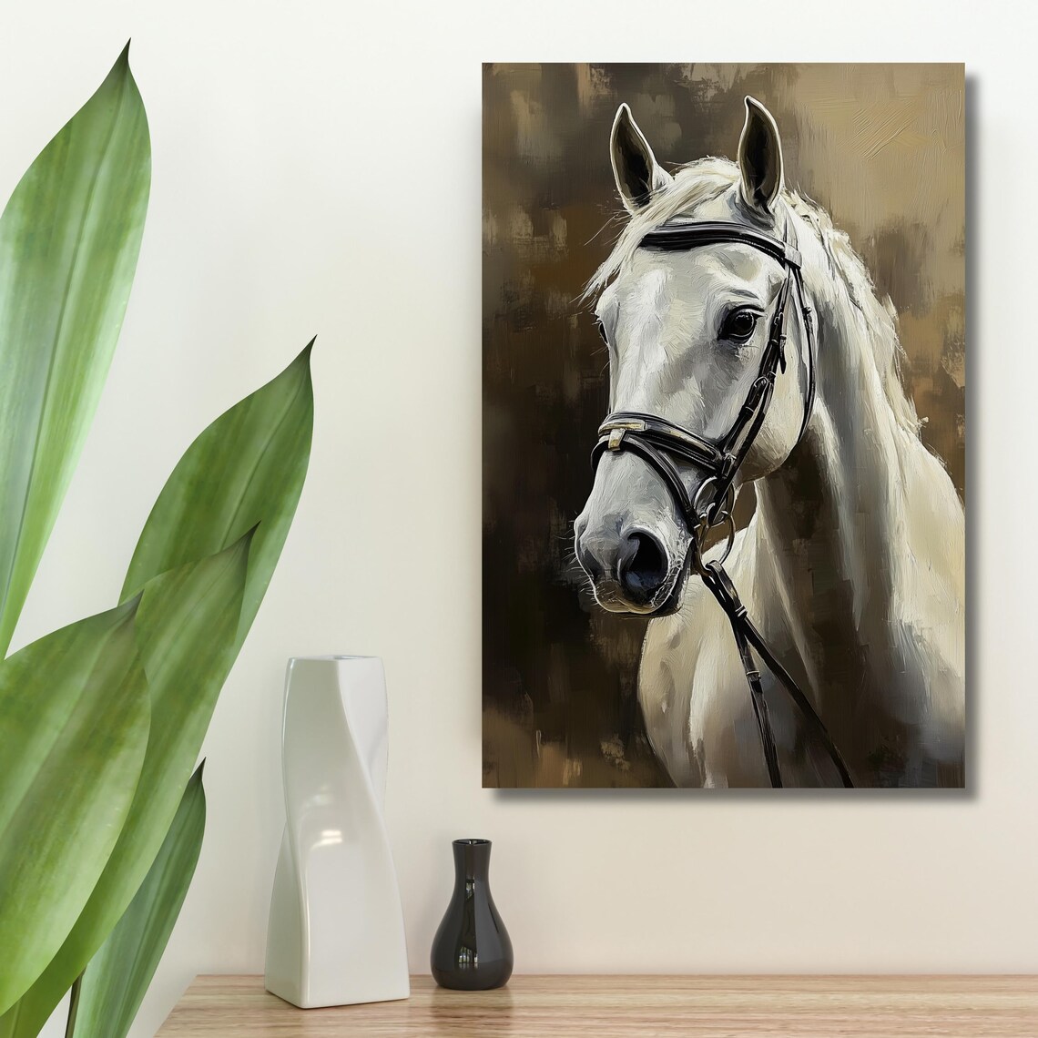White Horse Portrait with Bridle Equestrian Oil Painting Poster - Image 5