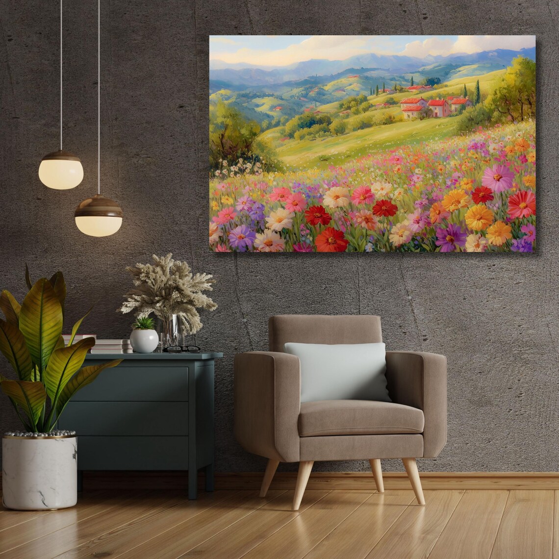 Tuscan Hillside Village Wildflower Meadow Oil Painting Poster - Image 3