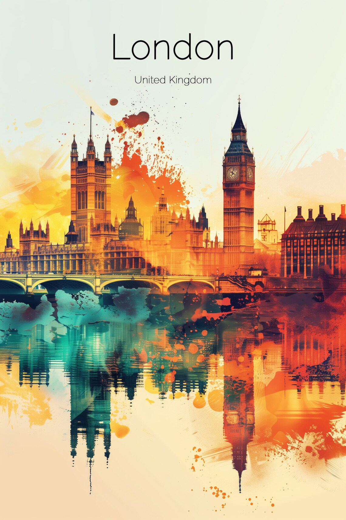 London United Kingdom Big Ben Sunset Watercolor Thames Travel Poster - Image 2