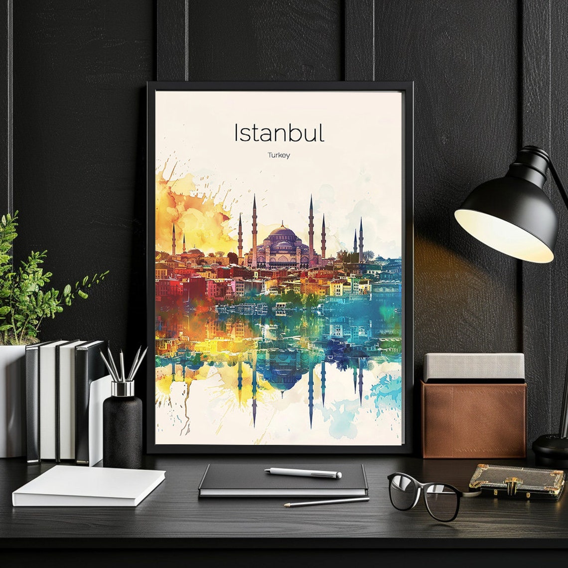 Istanbul Turkey Watercolor Mosque Skyline Bosphorus Reflection Poster