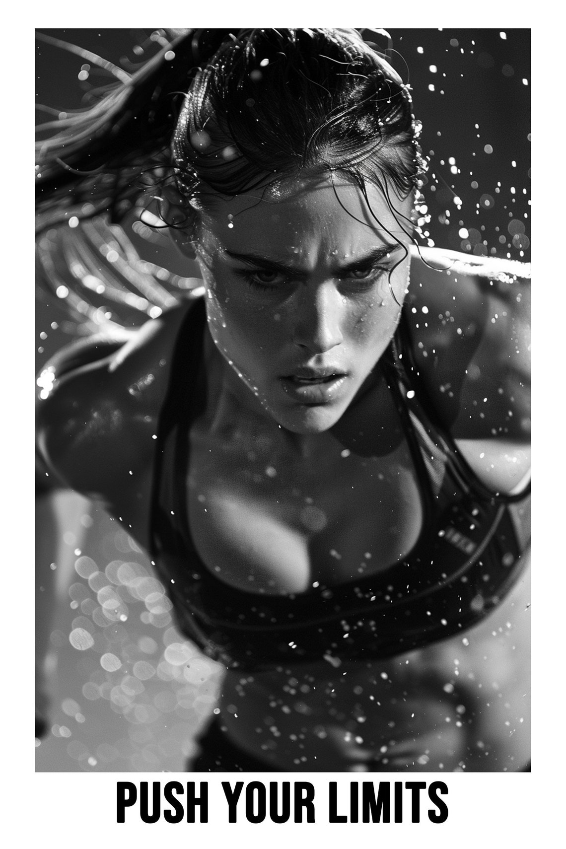 Determined Woman Athlete In Rain Push Your Limits Black White Poster - Image 2