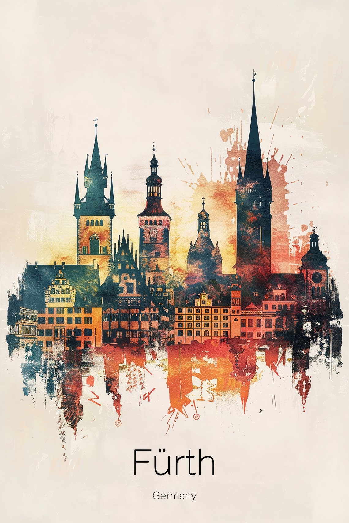 Fürth Germany Watercolor Skyline Church Spires Evening Glow Poster - Image 2