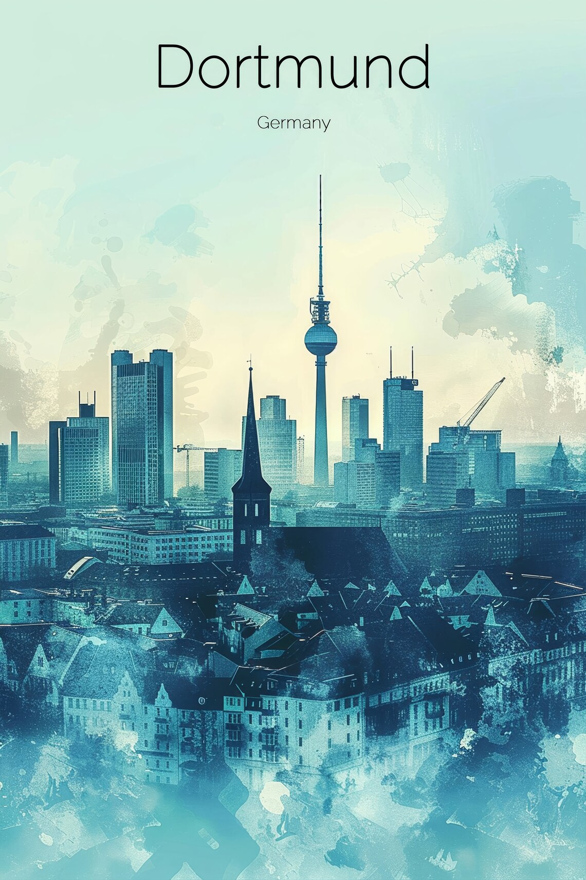 Dortmund Germany TV Tower Blue Watercolor City Skyline Travel Poster - Image 2