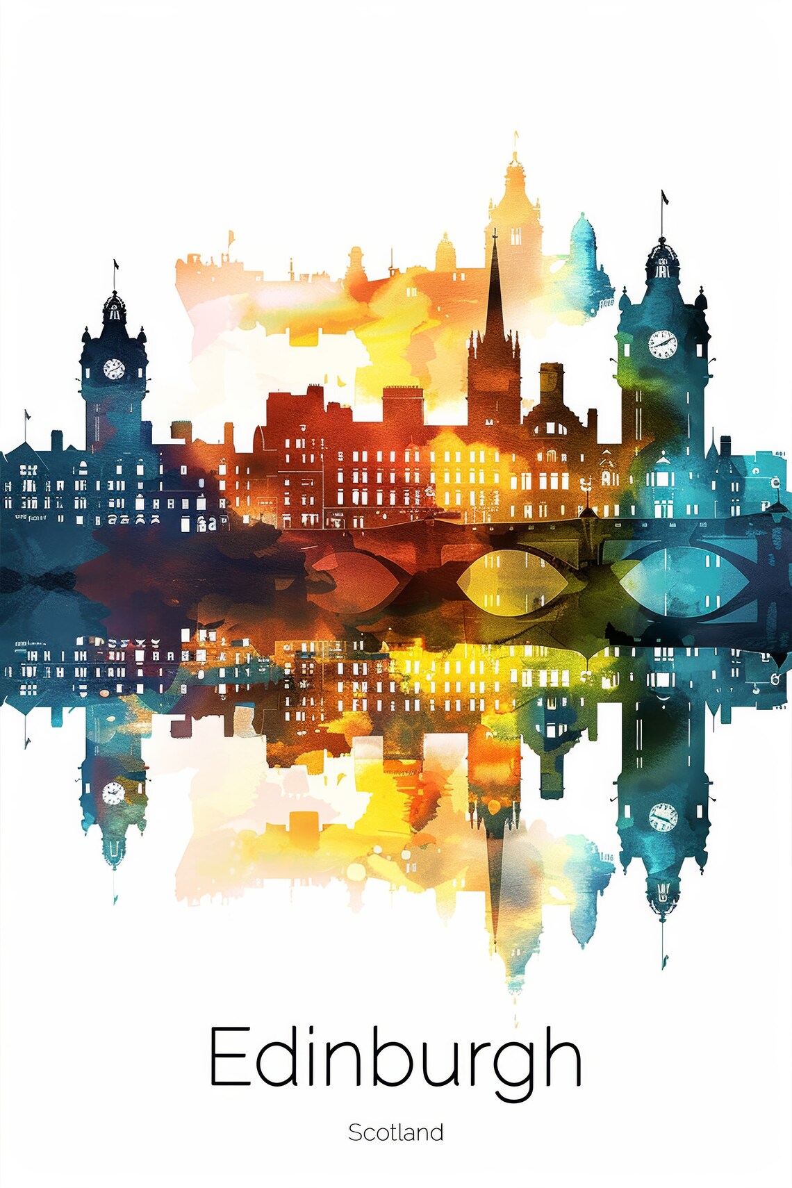 Edinburgh Scotland Watercolor Skyline Castle Town Silhouette Poster - Image 2