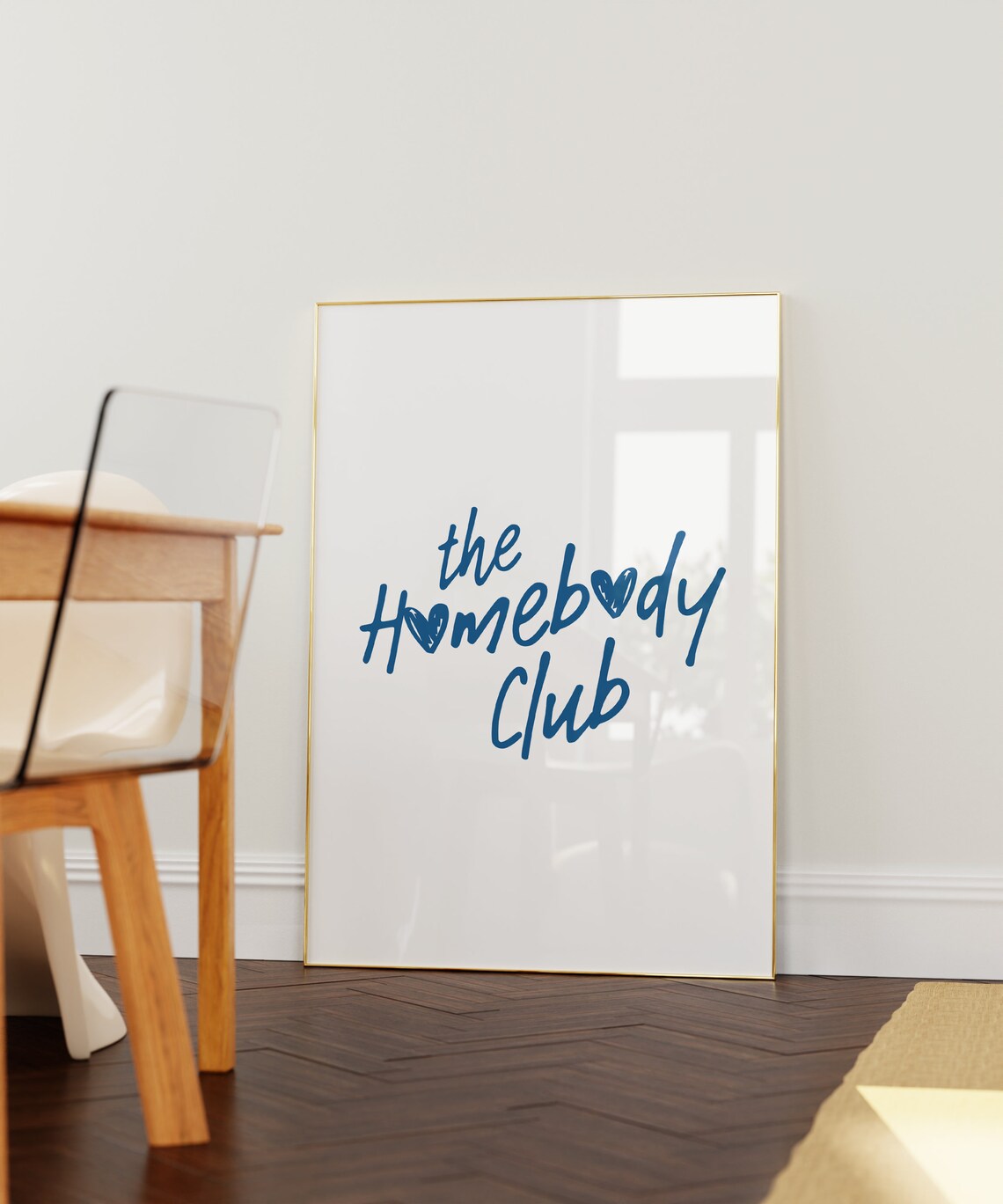 The Homebody Club Navy Script Heart Letters Cozy Quote Poster