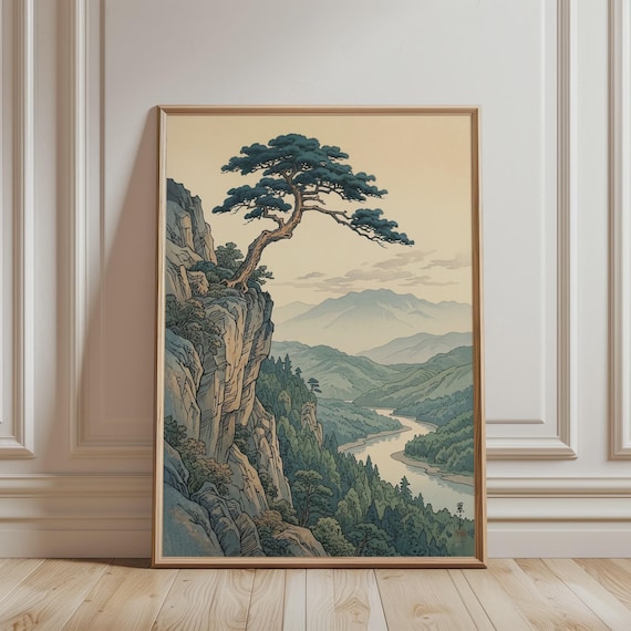 Japanese Pine Tree Poster Vintage Landscape Wall Art Cliffside River Print Zen Mountain Decor Ukiyoe Style Artwork