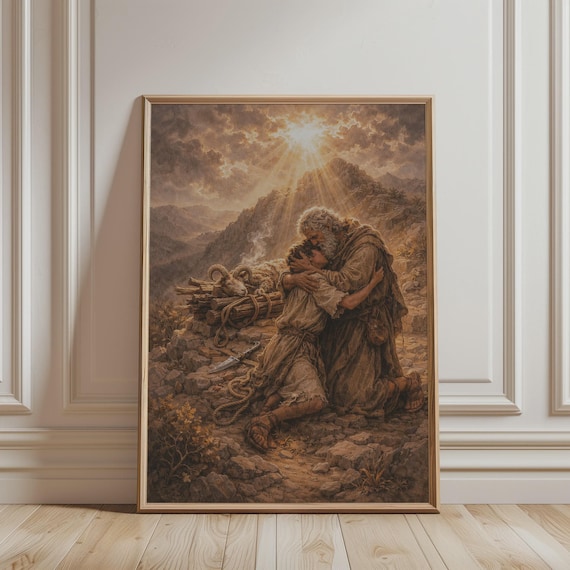 Abraham Embracing Isaac After The Sacrifice Ram Provided Genesis 22 Wall Art