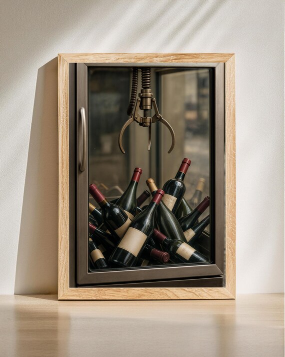 Wine Claw Machine Photo Glass Cabinet Bottles Quirky Bar Poster