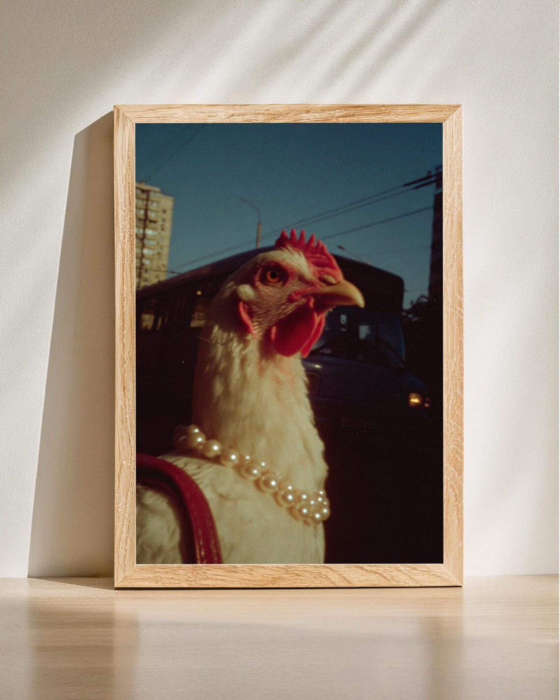 Chicken Wearing Pearls at Dusk Surreal Street Photography Art Poster