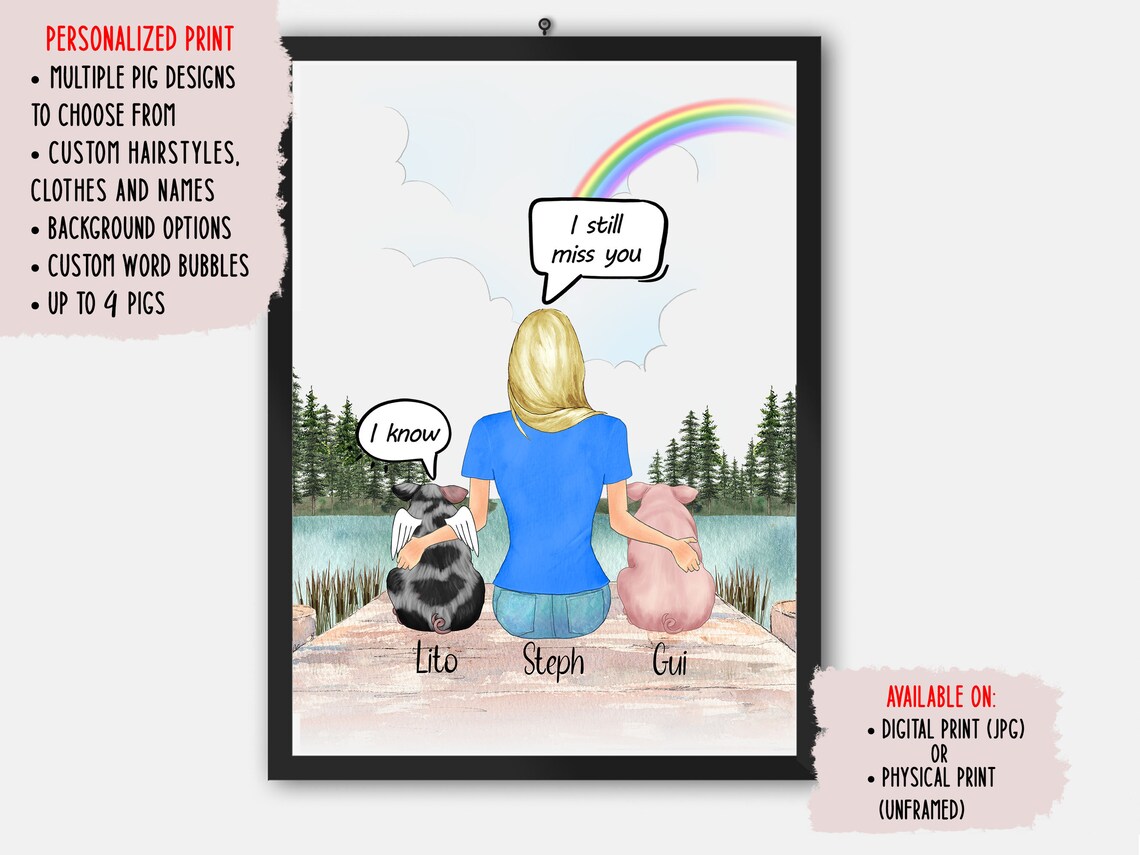 Personalized Pig Memorial Gift, Custom Portrait Art Print