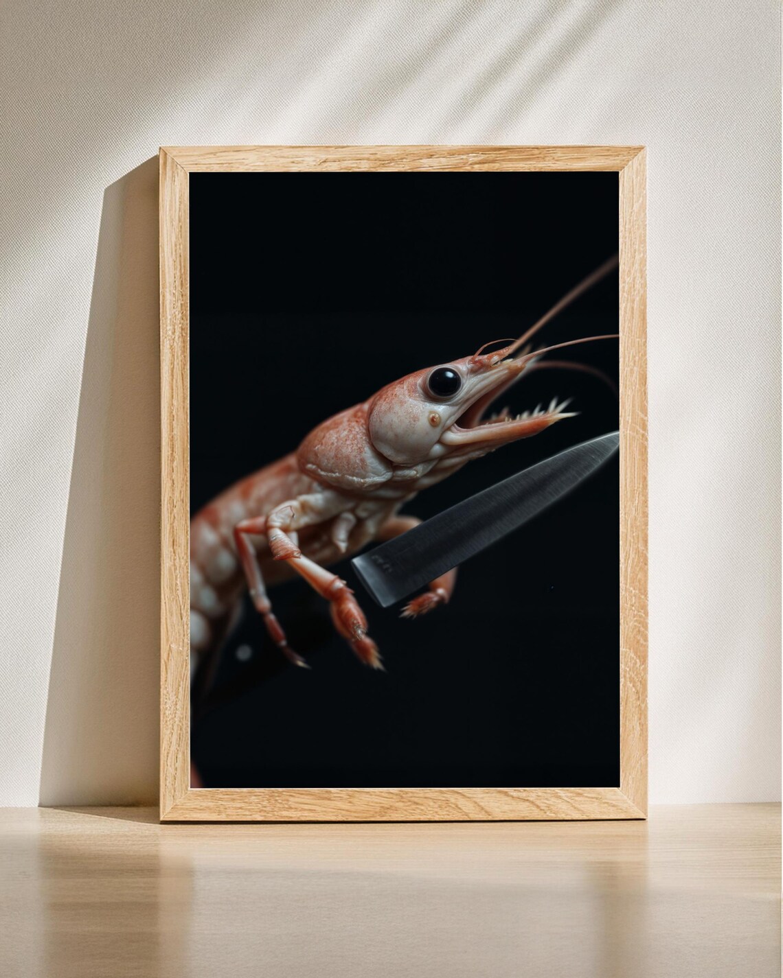 Surreal Shrimp Holding Knife Dark Humor Seafood Photo Art Poster