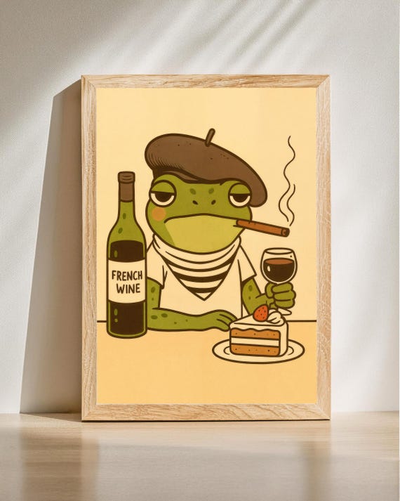 French Style Frog Art Whimsical Anthropomorphic Animal Illustration Playful Home Decor