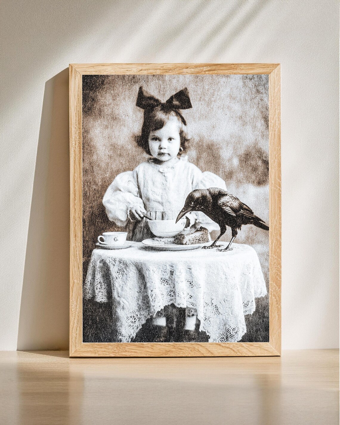 Little Girl with Curious Crow Vintage Sepia Quirky Tea Party Poster