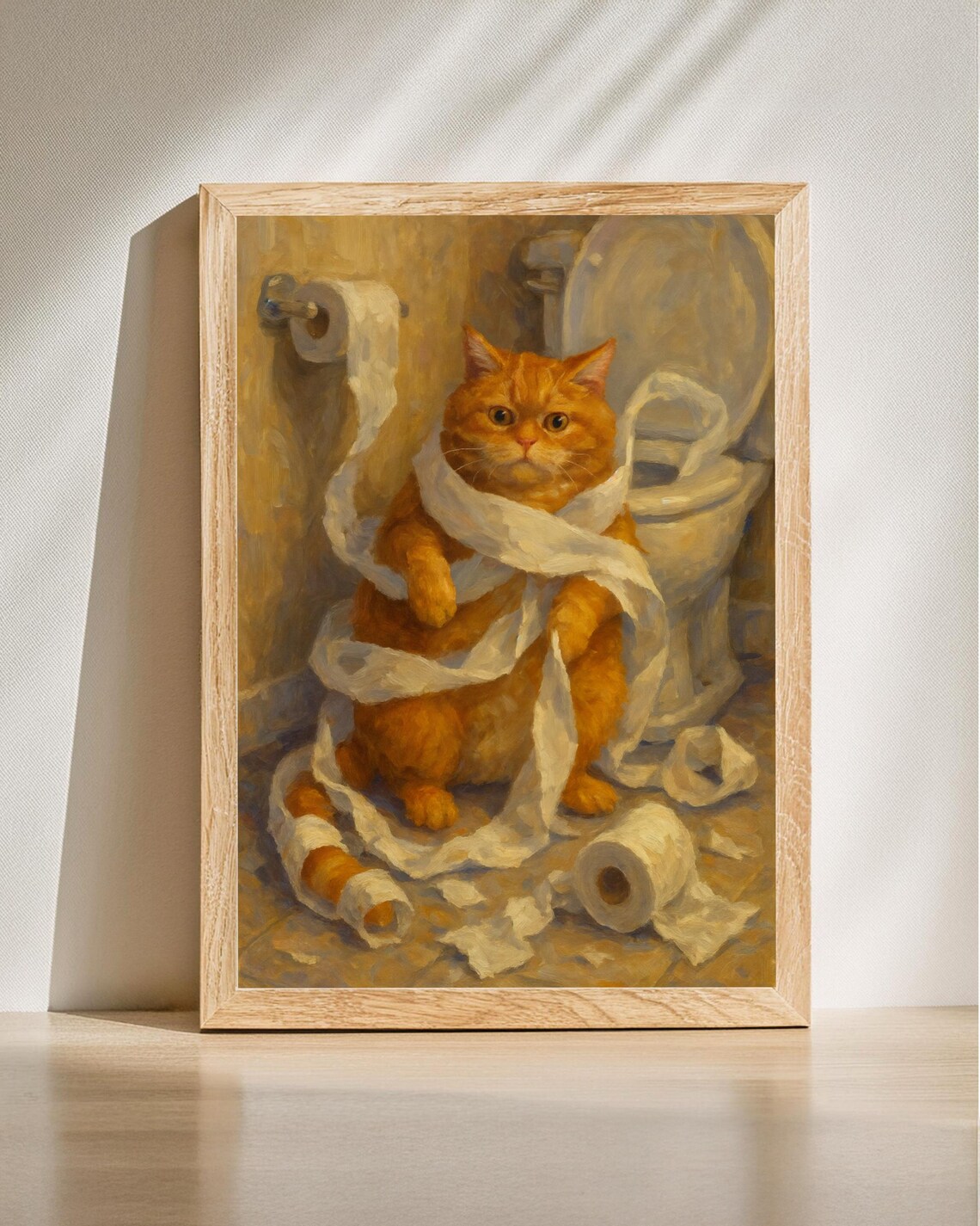 Funny Cat Tangled In Toilet Paper Poster Bathroom Humor Cat Gift Decor