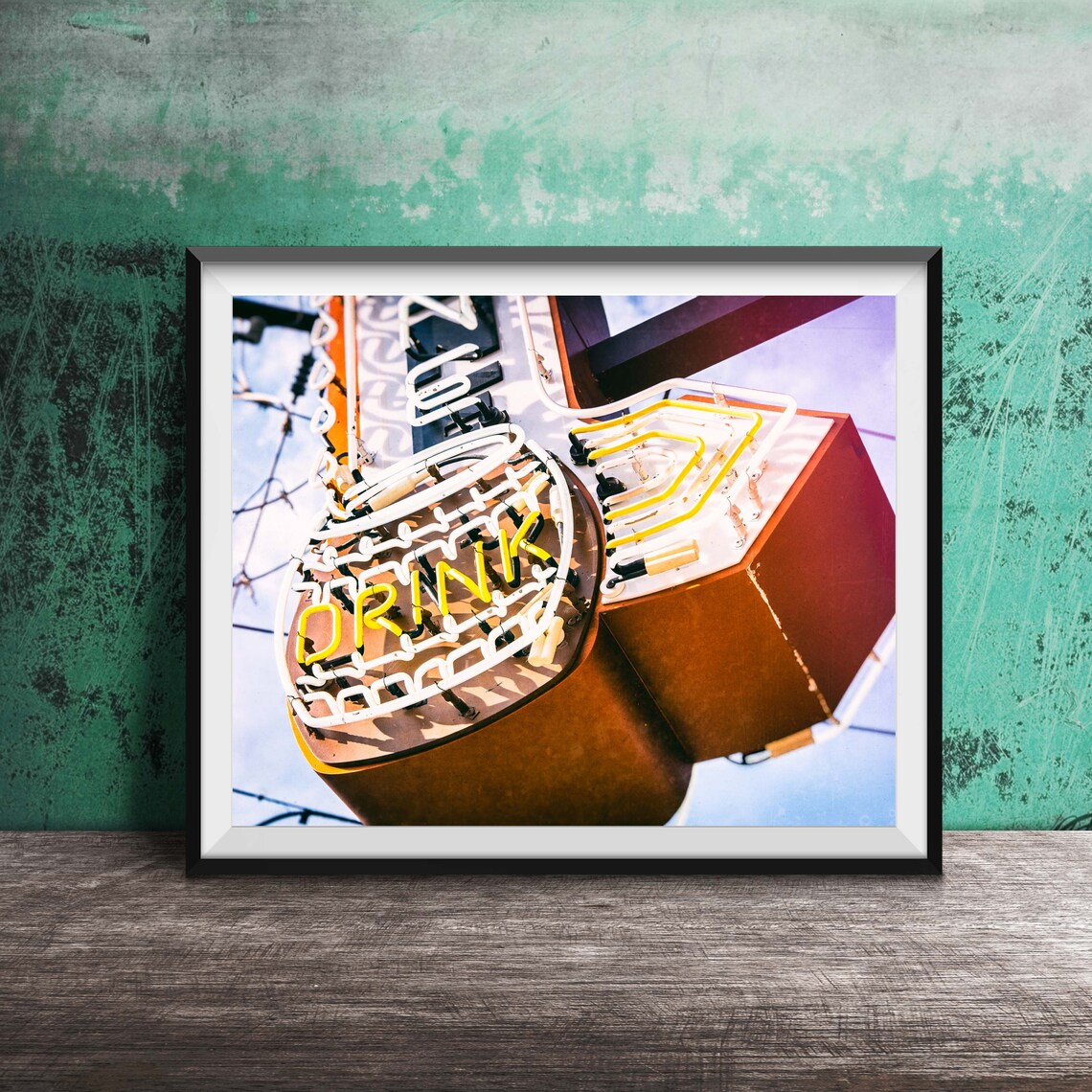 Drink Vintage Neon Arrow Sign Glowing Tube Close Up Photo Poster