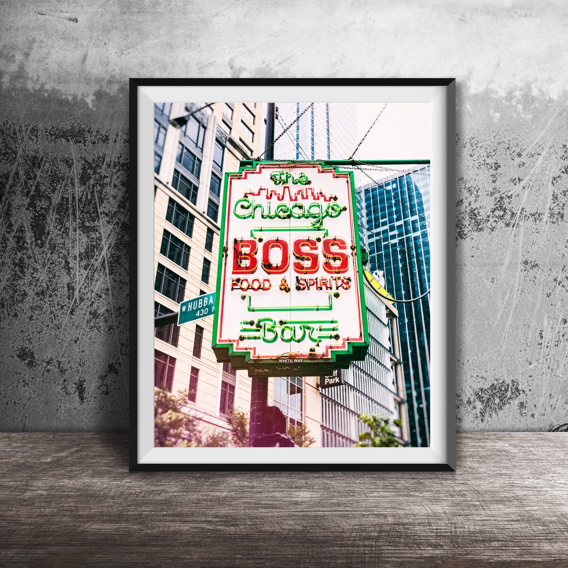 The Chicago Boss Food Spirits Bar Neon Sign Downtown Photo Poster